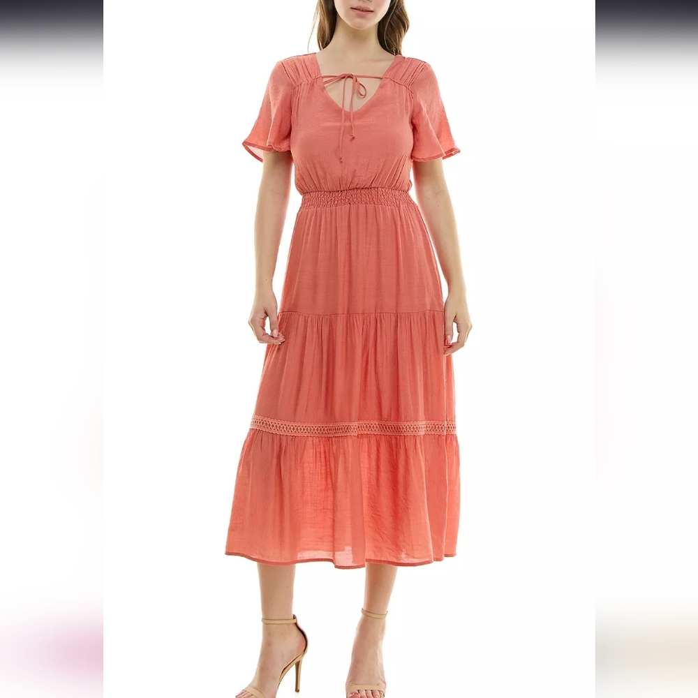 Luxology Burnt Apricot Tiered Gauze Midi Dress Tiered Small Boho Free Spirit